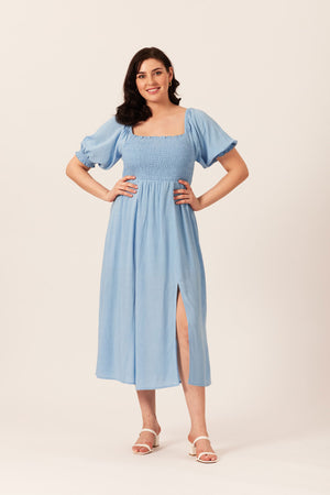 Katie - Shirred Bodice Midi Dress - Blue