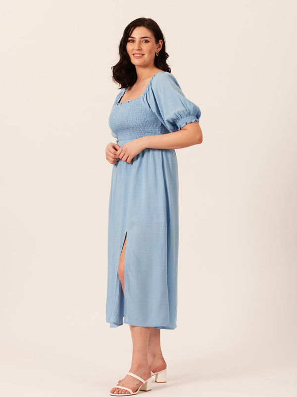 Katie - Shirred Bodice Midi Dress - Blue