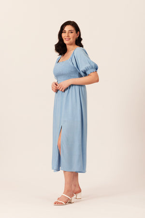 Katie - Shirred Bodice Midi Dress - Blue