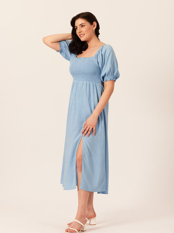 Katie - Shirred Bodice Midi Dress - Blue