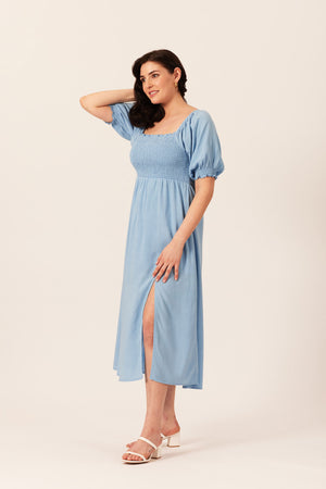 Katie - Shirred Bodice Midi Dress - Blue