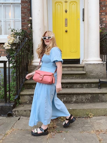 Katie - Shirred Bodice Midi Dress - Blue