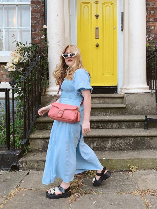 Katie - Shirred Bodice Midi Dress - Blue