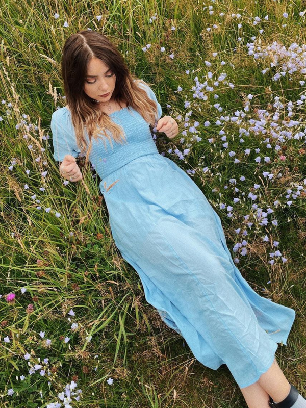 Katie - Shirred Bodice Midi Dress - Blue