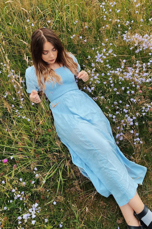 Katie - Shirred Bodice Midi Dress - Blue – This is Unfolded 