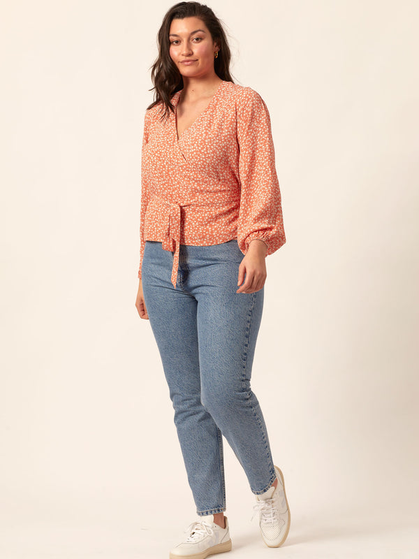 Laura - Long Sleeve Wrap Blouse - Coral