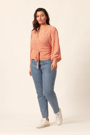 Laura - Long Sleeve Wrap Blouse - Coral