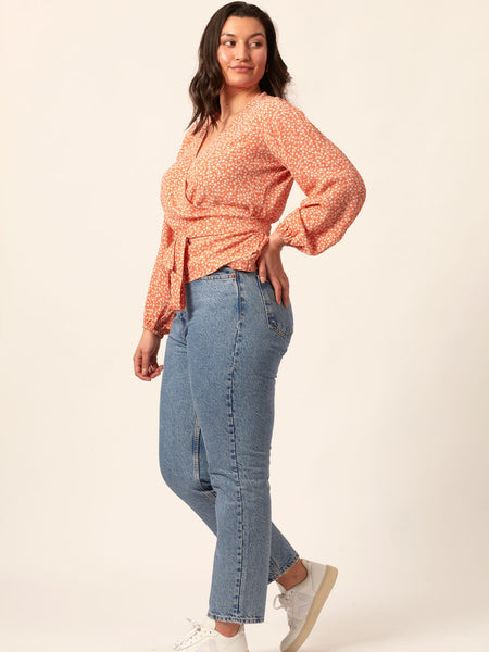 Laura - Long Sleeve Wrap Blouse - Coral