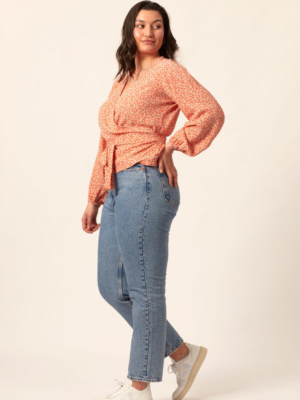 Laura - Long Sleeve Wrap Blouse - Coral