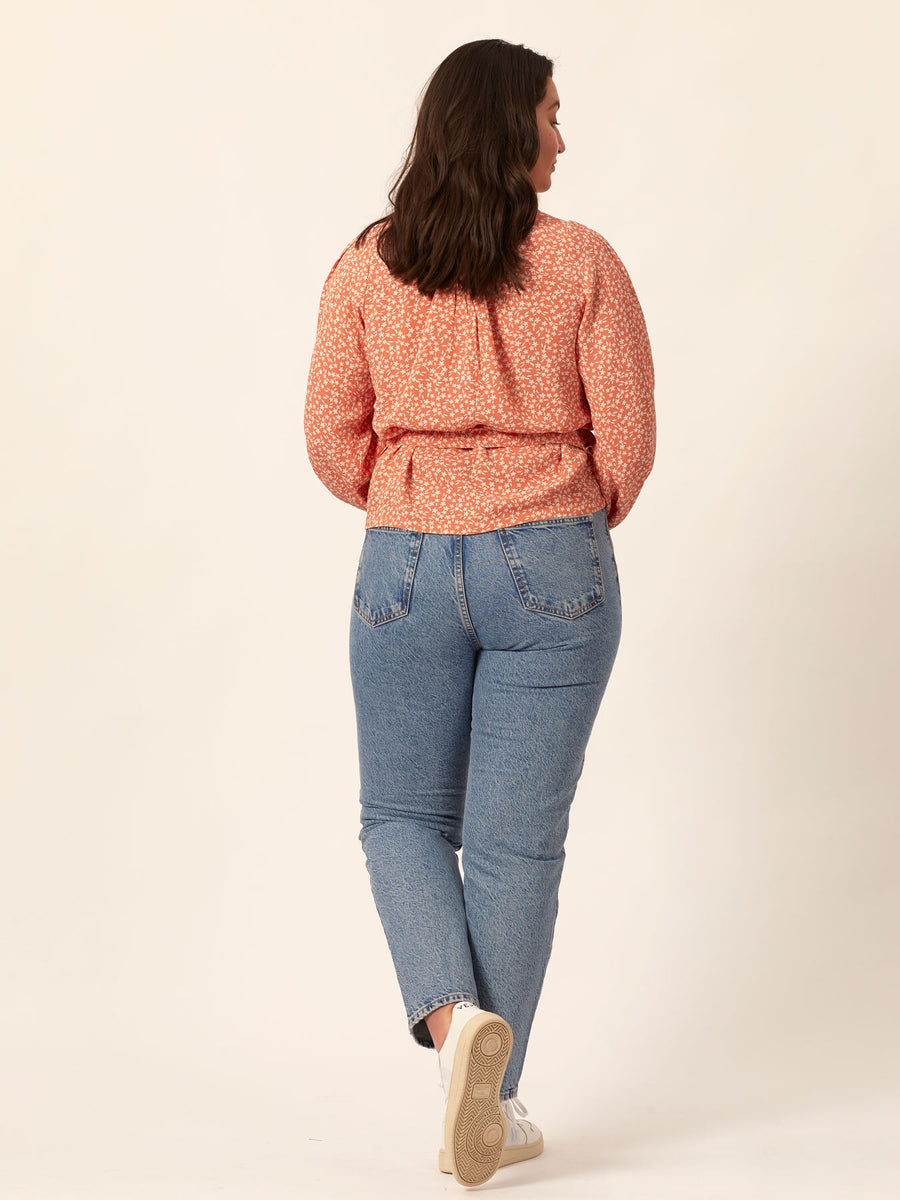 Laura - Long Sleeve Wrap Blouse - Coral