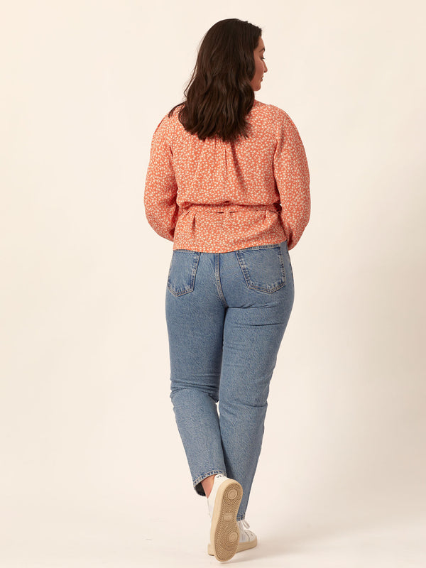 Laura - Long Sleeve Wrap Blouse - Coral