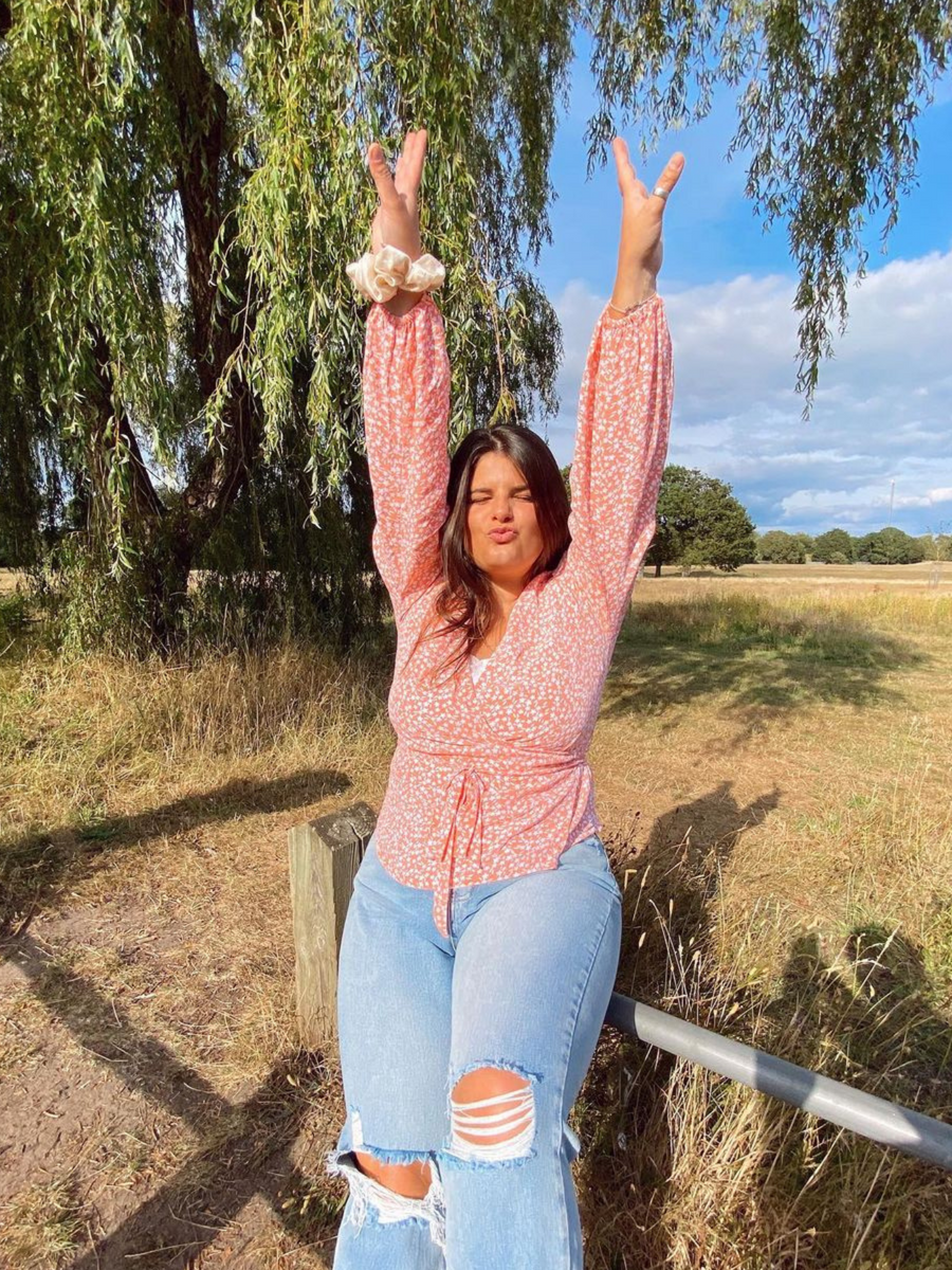 Laura - Long Sleeve Wrap Blouse - Coral