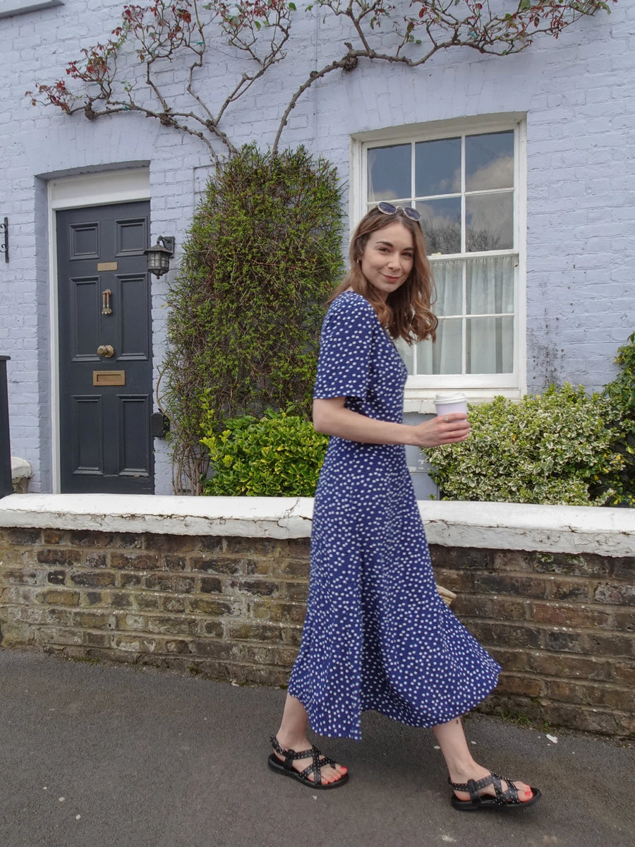 Lesley - Midi Button Wrap Dress - Blue Polkadot
