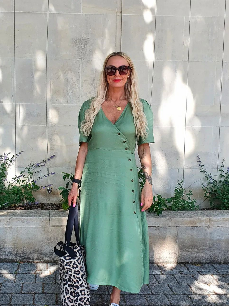 Lesley - Midi Button Wrap Dress - Green