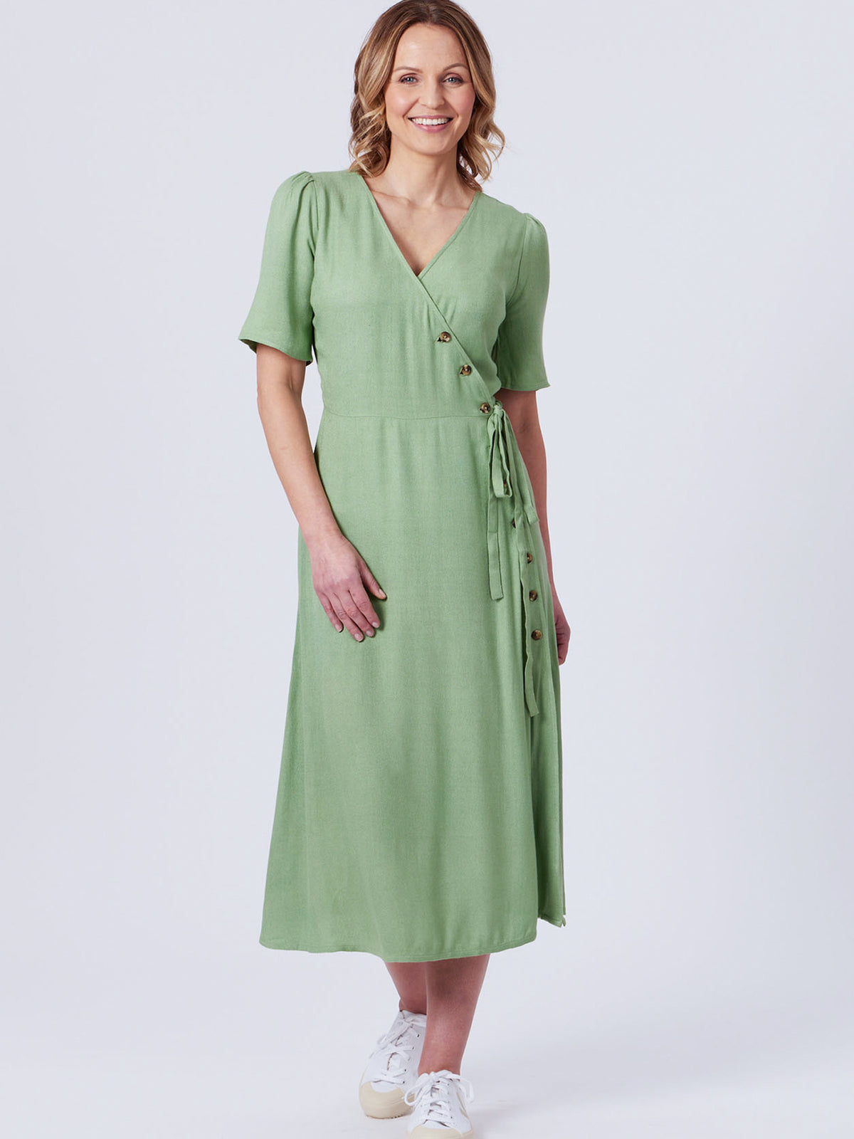 Lesley - Midi Button Wrap Dress - Green