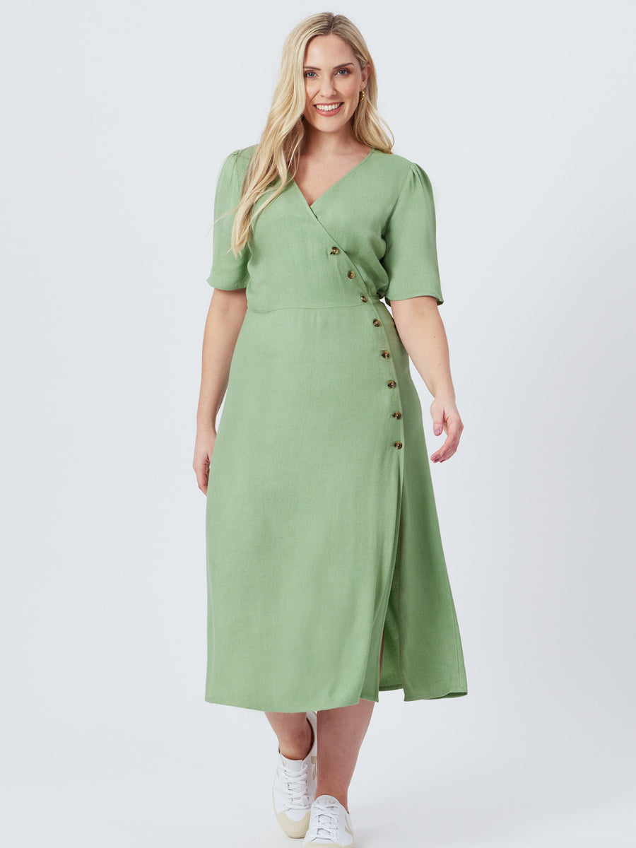 Lesley - Midi Button Wrap Dress - Green