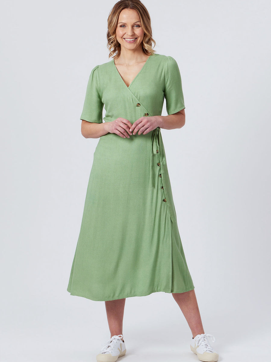 Lesley - Midi Button Wrap Dress - Green