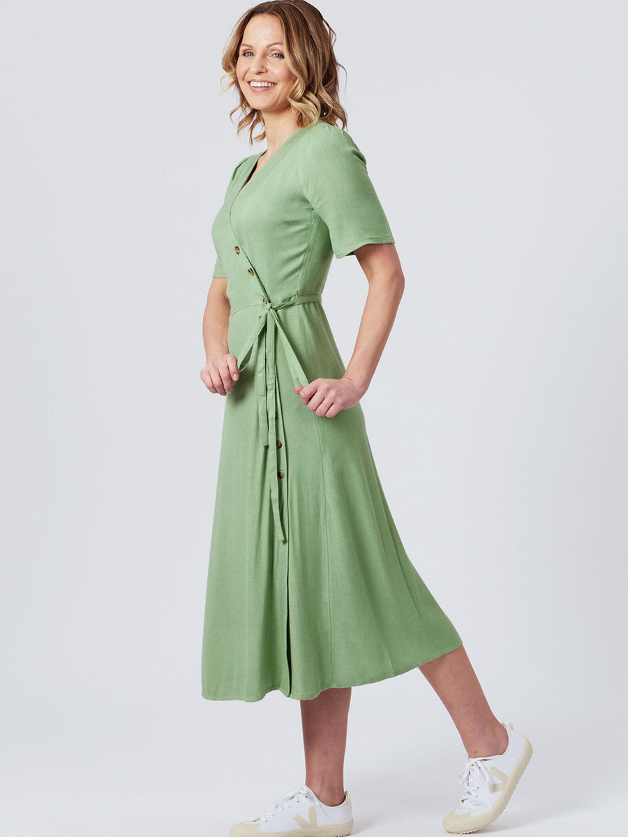 Lesley - Midi Button Wrap Dress - Green