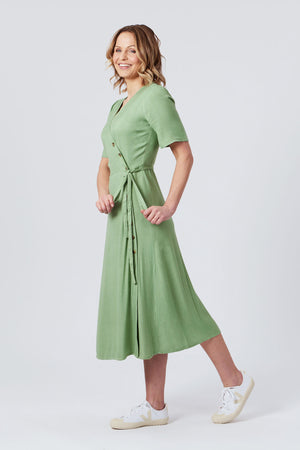 Lesley - Midi Button Wrap Dress - Green