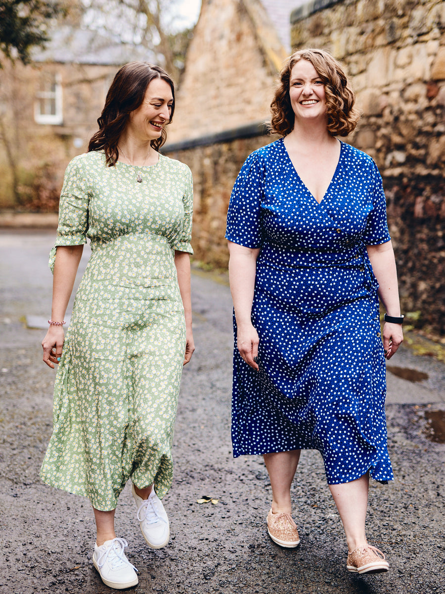 Lesley - Midi Button Wrap Dress - Blue Polkadot