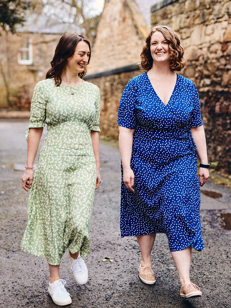 Lesley - Midi Button Wrap Dress - Blue Polkadot