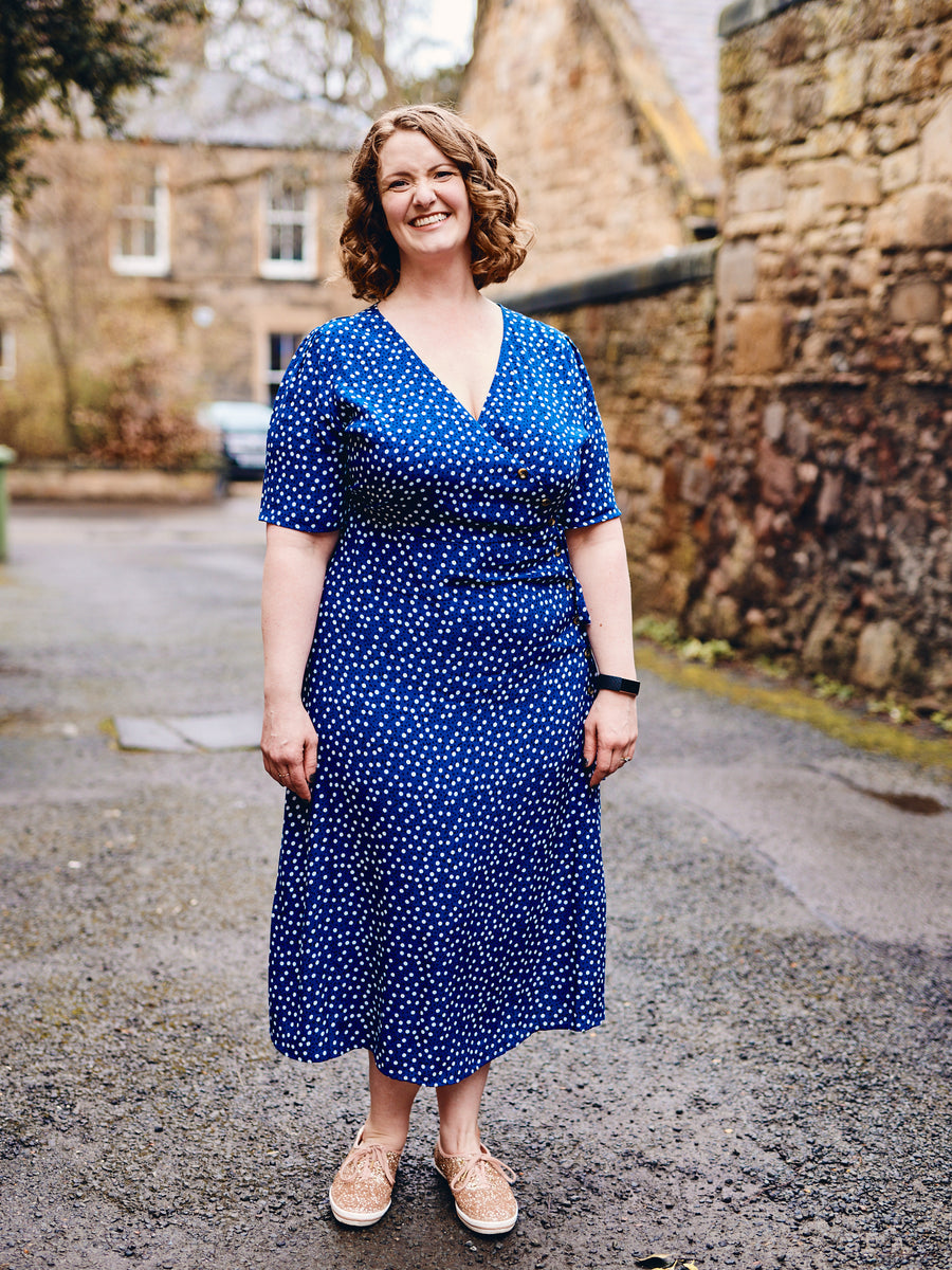 Lesley - Midi Button Wrap Dress - Blue Polkadot
