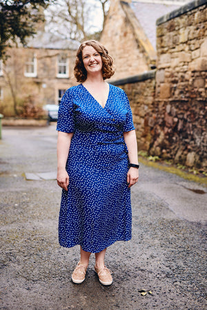 Lesley - Midi Button Wrap Dress - Blue Polkadot