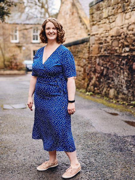 Lesley - Midi Button Wrap Dress - Blue Polkadot