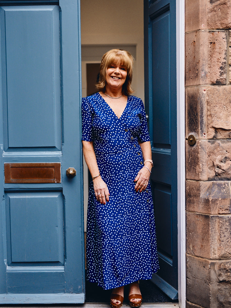Lesley - Midi Button Wrap Dress - Blue Polkadot
