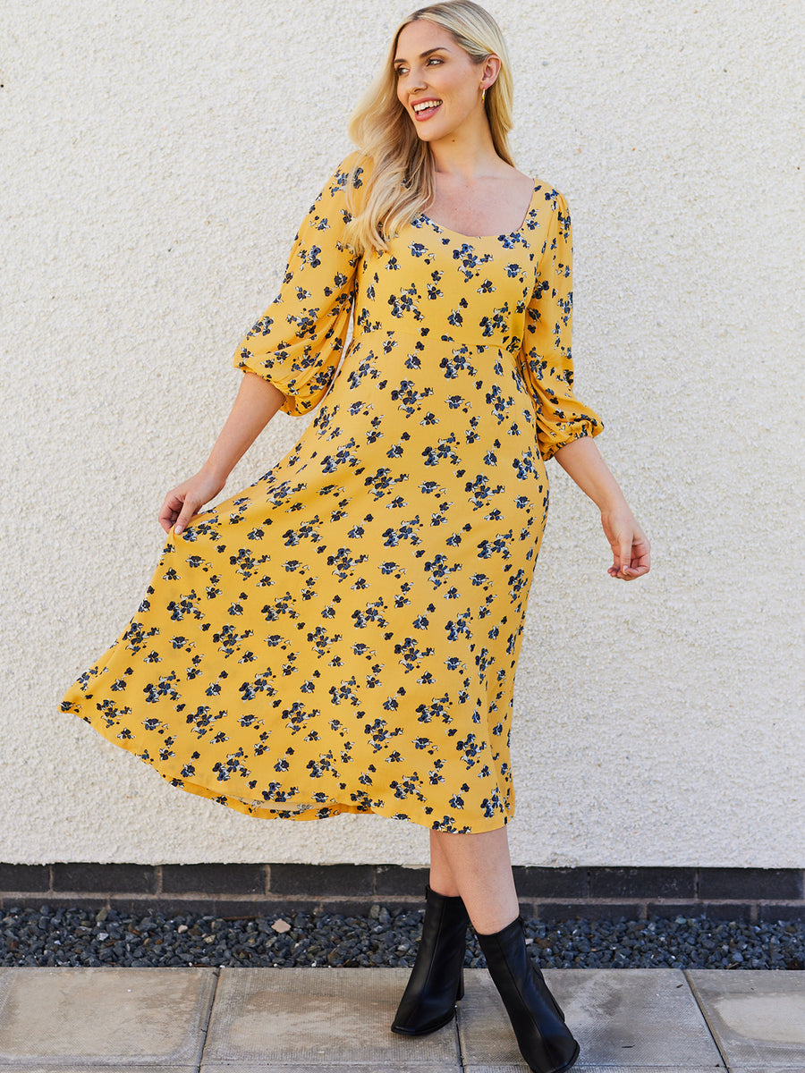 Molly - Sweetheart Midi Dress - Yellow Floral