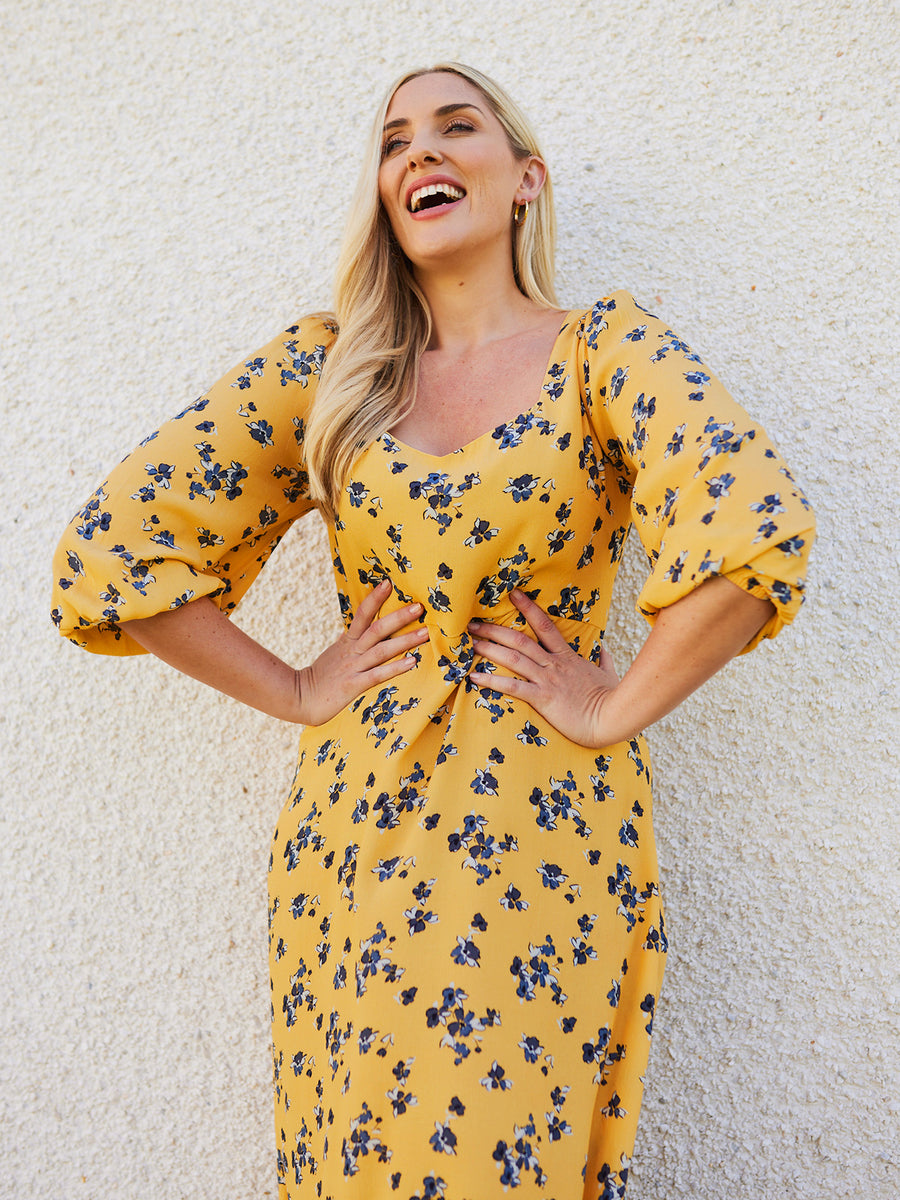 Molly - Sweetheart Midi Dress - Yellow Floral