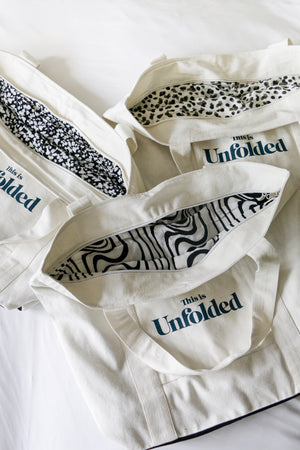 Three Joey bags are laid together with their individual linings displayed, pictured against a white backdrop. 