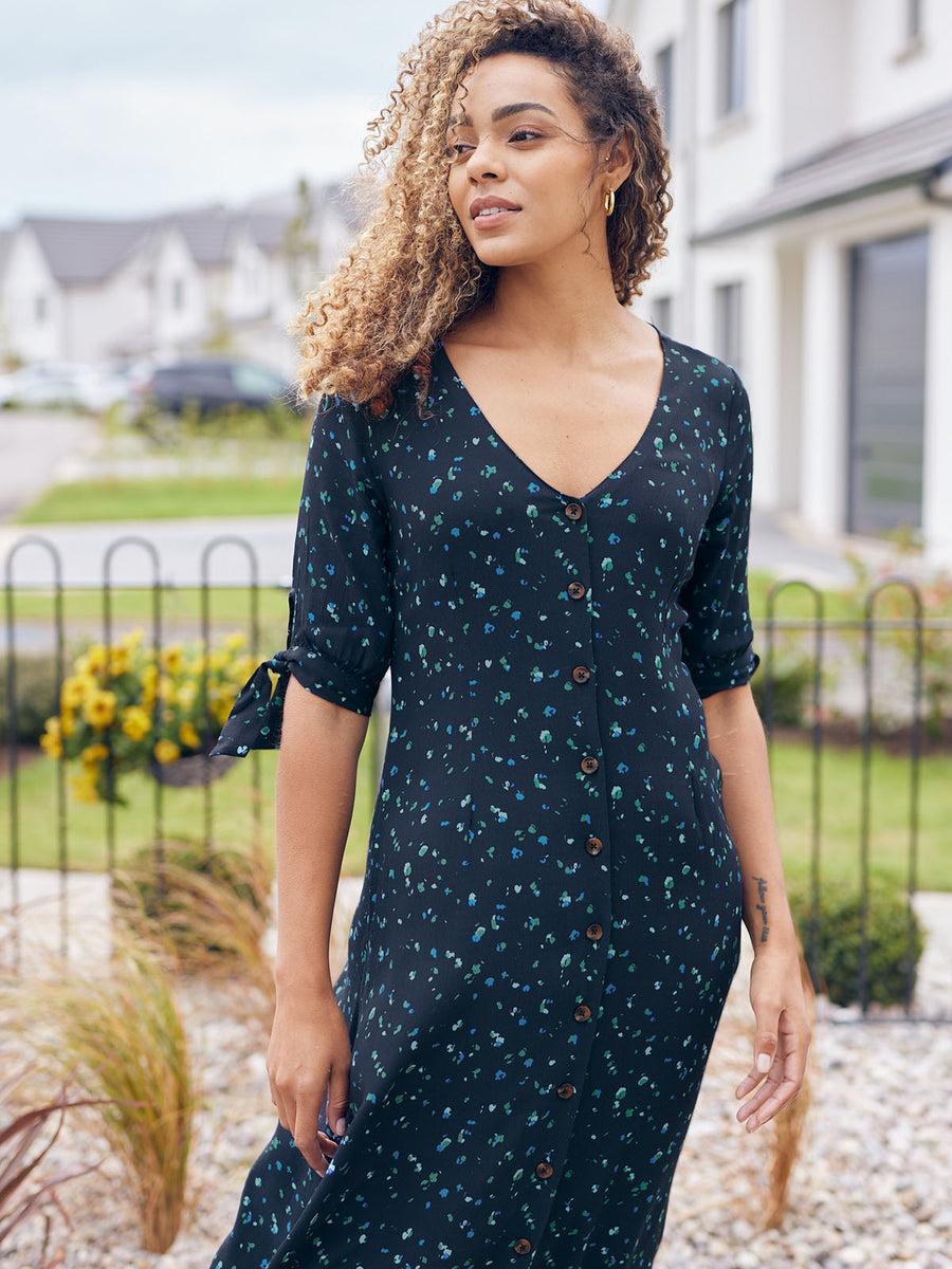 Alison - Ditsy Print Midi Dress - Black