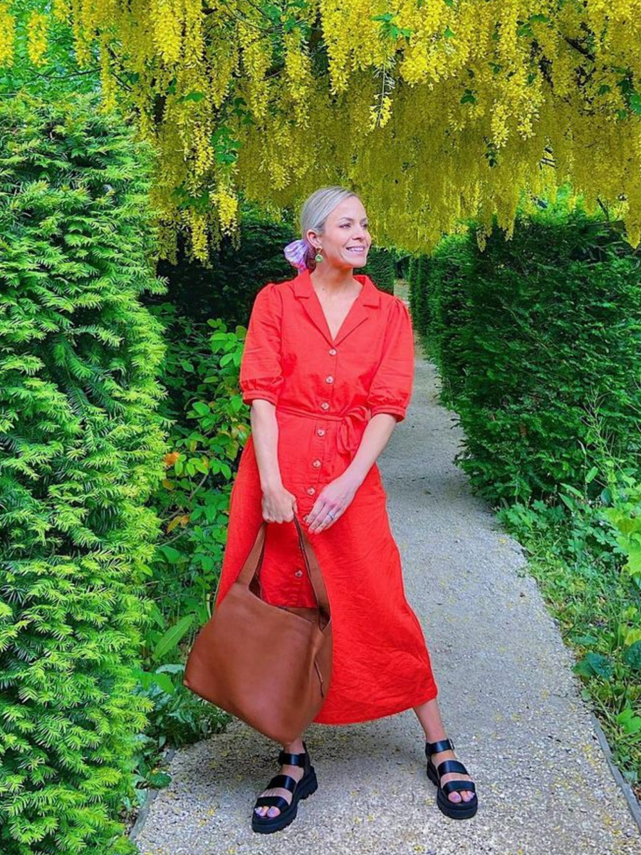 Michelle - Short Sleeve Shirt Dress - Red/Orange