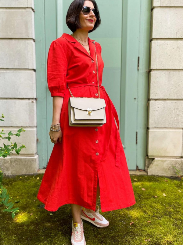 Michelle - Short Sleeve Shirt Dress - Red/Orange