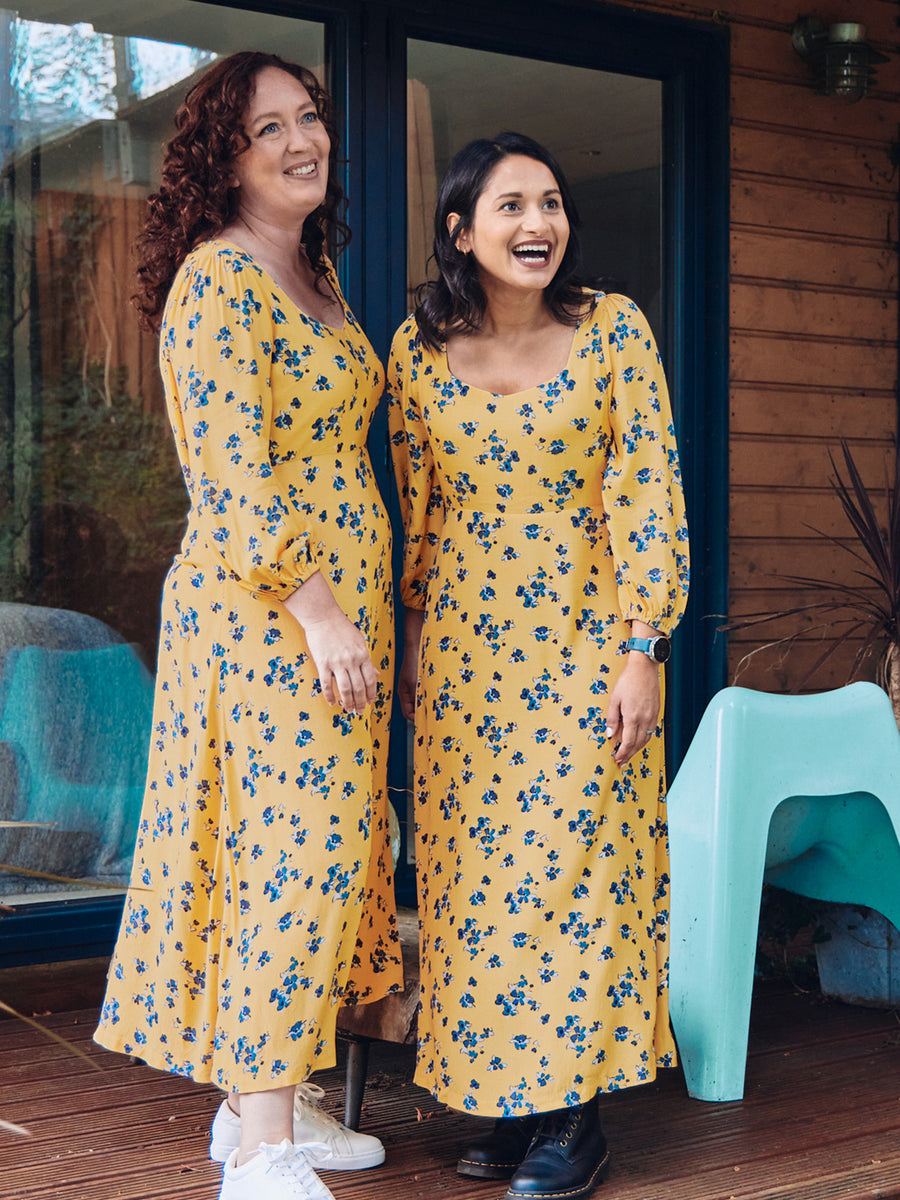 Molly - Sweetheart Midi Dress - Yellow Floral