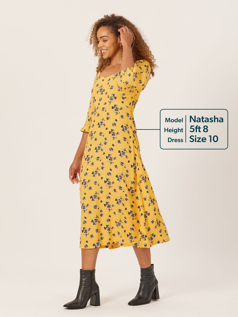 Molly - Sweetheart Midi Dress - Yellow Floral
