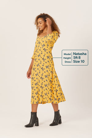 Molly - Sweetheart Midi Dress - Yellow Floral