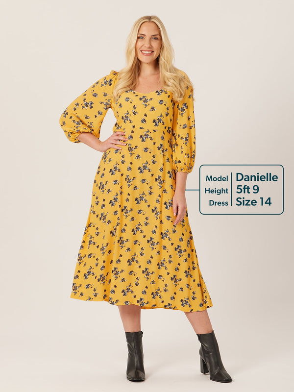 Molly - Sweetheart Midi Dress - Yellow Floral