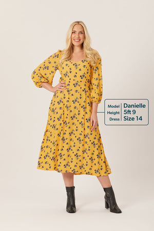 Molly - Sweetheart Midi Dress - Yellow Floral