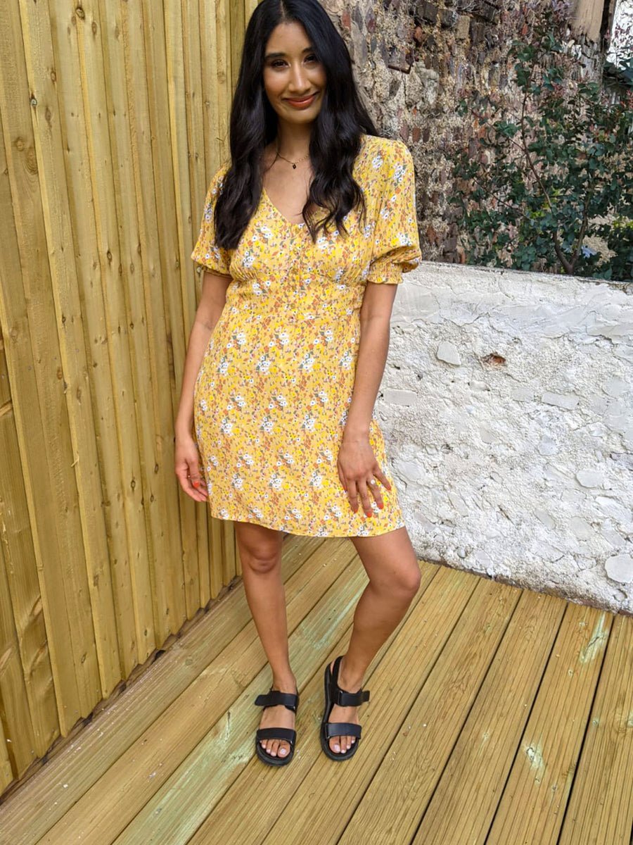 Siobhan - Button Front Mini Dress - Yellow