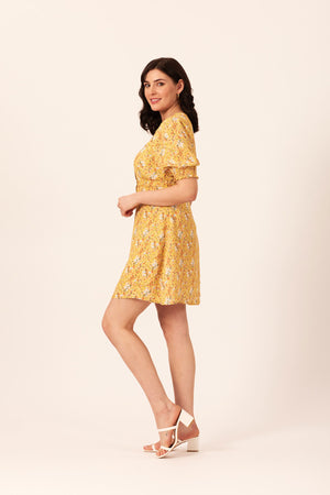 Siobhan - Button Front Mini Dress - Yellow