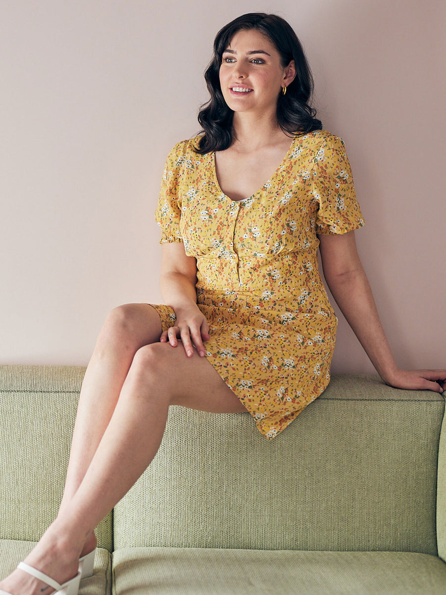 Siobhan - Button Front Mini Dress - Yellow