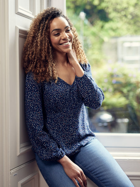 Romana - Long Sleeved Button Down Blouse - Blue