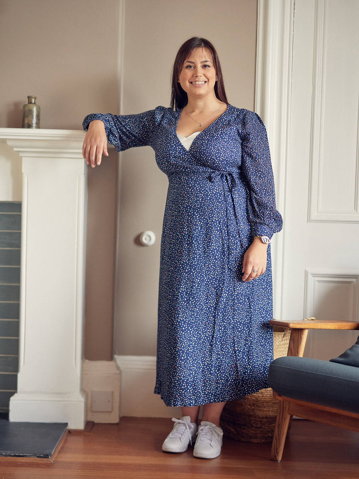 Natalie - Long Sleeved Midi Wrap Dress - Navy with Dots