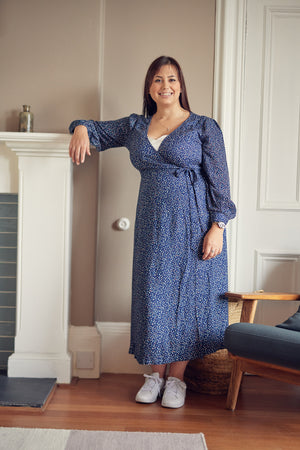 Natalie - Long Sleeved Midi Wrap Dress - Navy with Dots