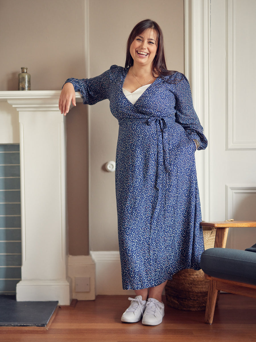 Natalie - Long Sleeved Midi Wrap Dress - Navy with Dots