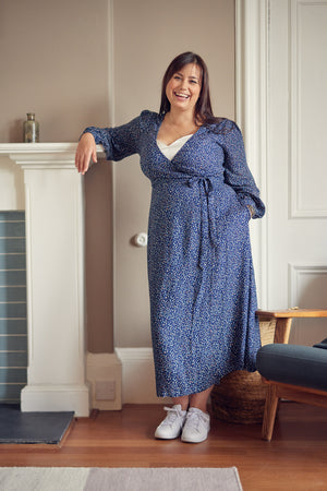 Natalie - Long Sleeved Midi Wrap Dress - Navy with Dots