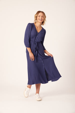 Becky - Belted Midi Dress - Blue