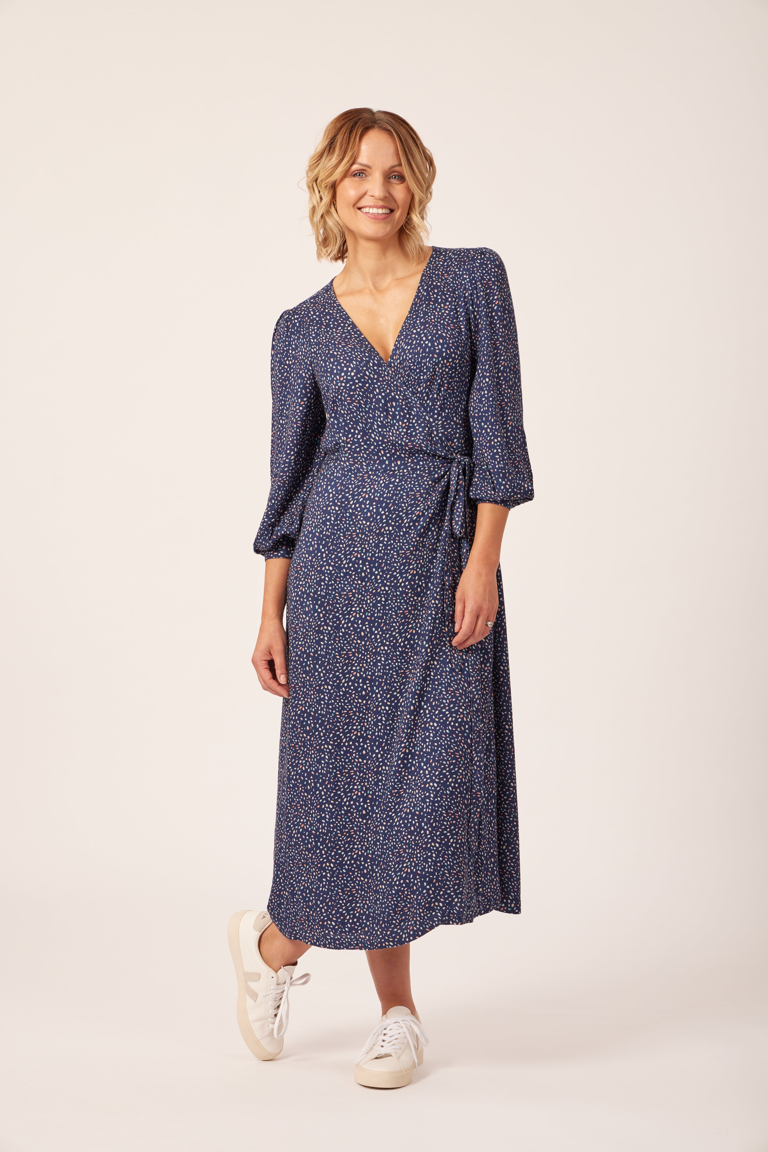 Natalie - Long Sleeved Midi Wrap Dress - Navy with Dots – This is